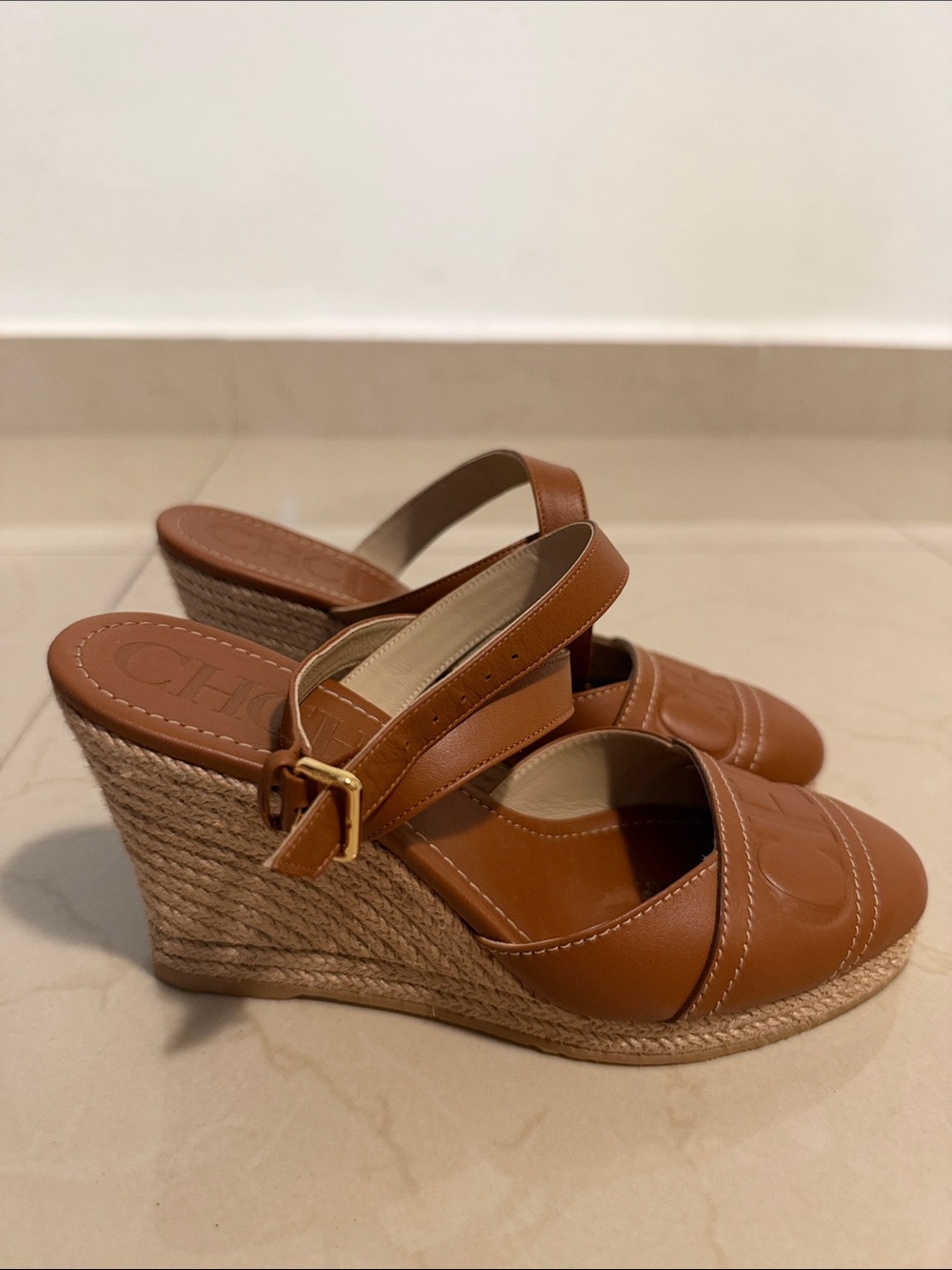 Carolina Herrera Cognac Leather Espadrille Sandals with Ankle Straps - Picture 1 of 4